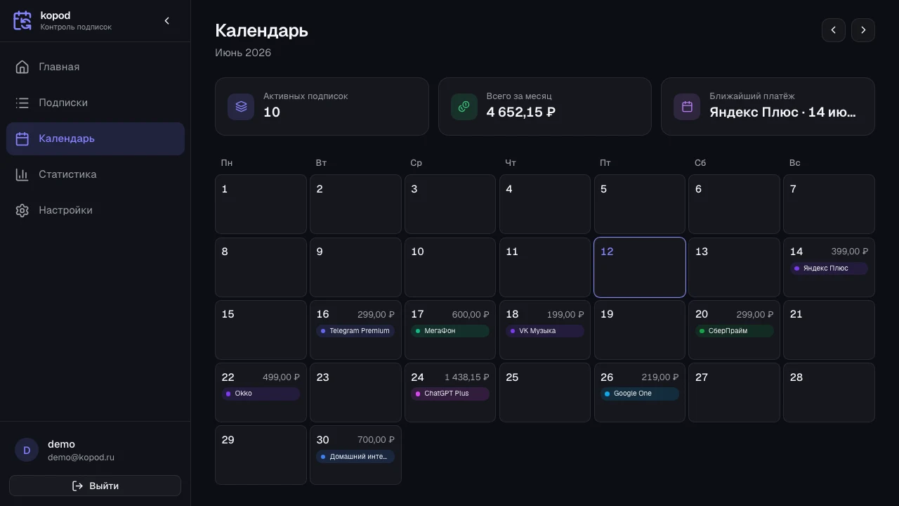Календарь списаний в kopod
